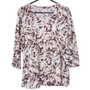 Pure J Jill Womens L Printed V-Neck Tee 100% Cotton Shirt 3/4 Sleeve